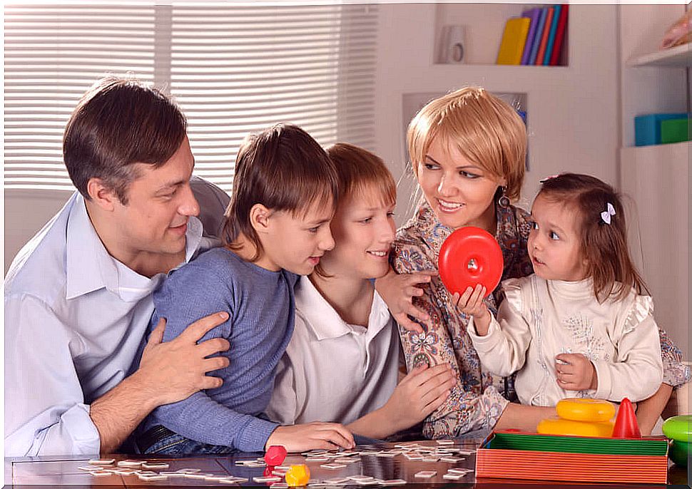 Family playing board games.