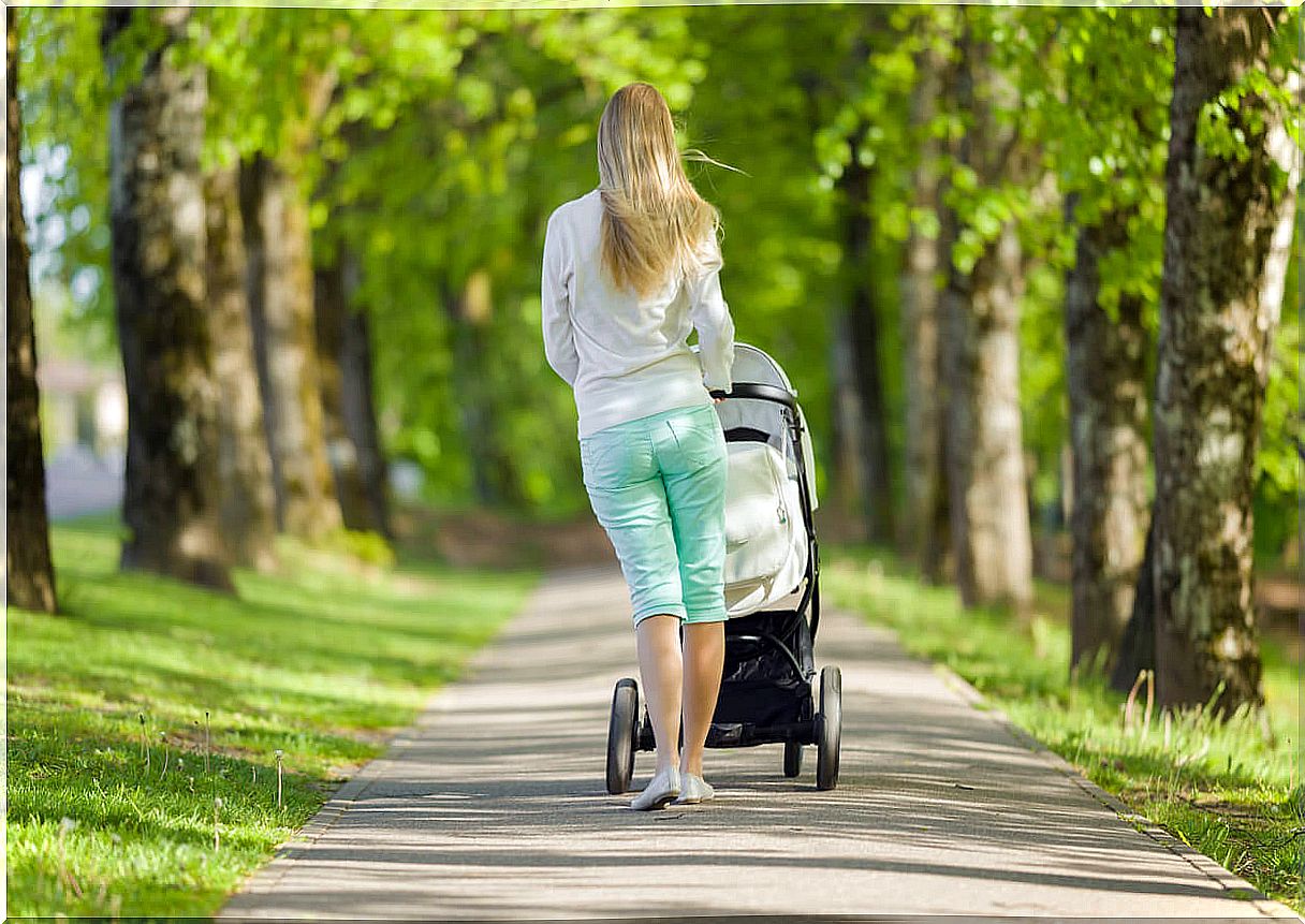 Mother taking a walk with her baby in the park.