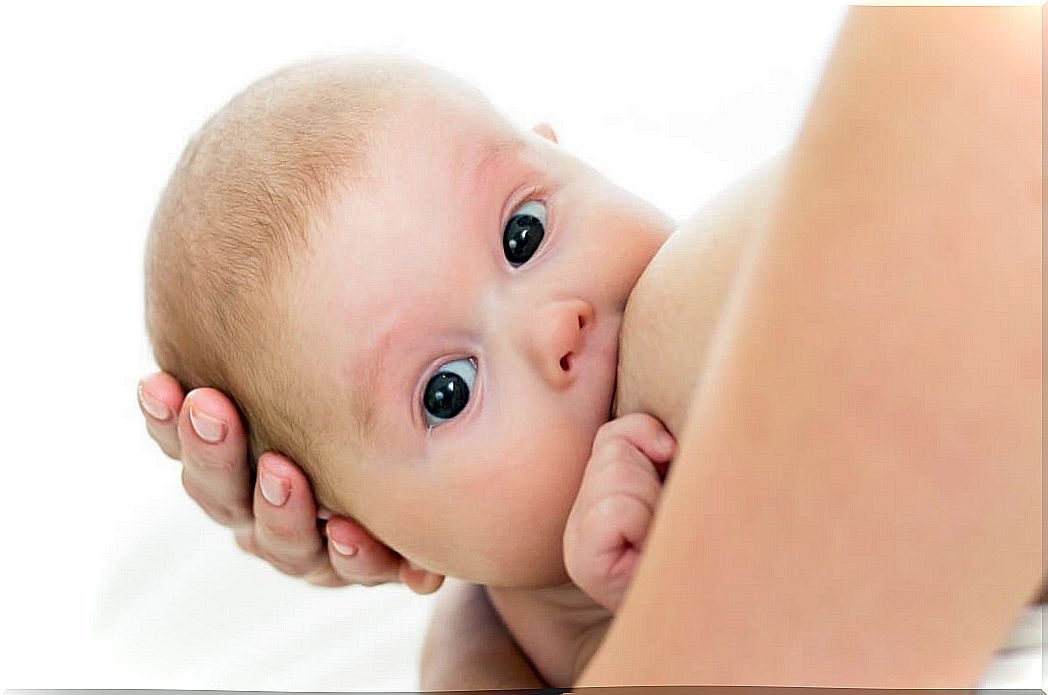 baby receiving the breast keeping the gaze