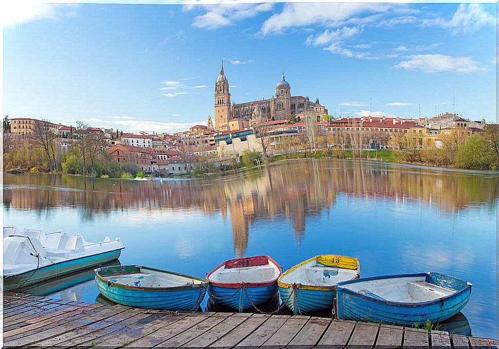 Salamanca Cathedral and river Tormes.