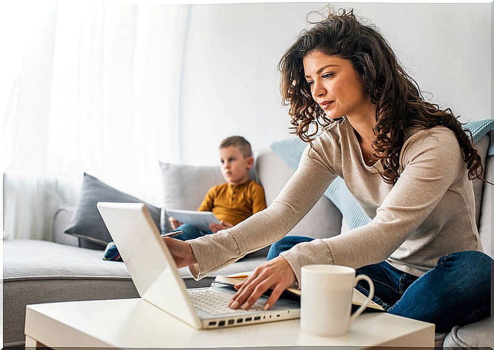 Mother and son doing things independently.